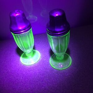 Uranium Glass, Glows, Hazel Atlas, Salt and Pepper Shakers